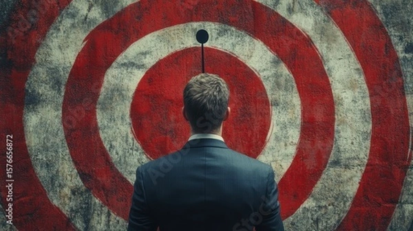 Fototapeta an ambitious businessman standing before a target illustration conveys focus dedication and drive toward achieving professional objectives with determination and clarity of purpose