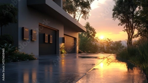 Fototapeta serene suburban architecture at twilight showcasing modern design elements and a warm inviting ambiance blending seamlessly with nature's golden hour glow
