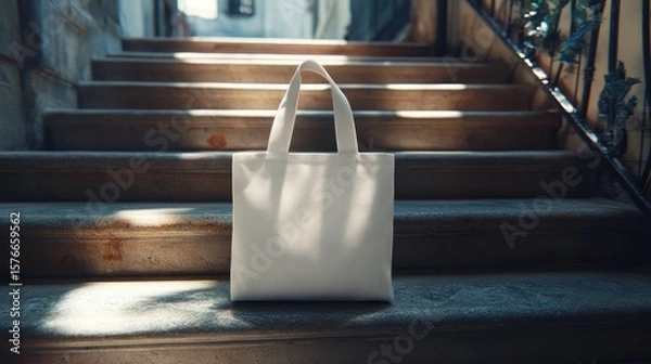 Fototapeta eco friendly white tote bag presentation resting stylishly on vintage staircase with wrought iron railing and soft natural light illuminating the scene