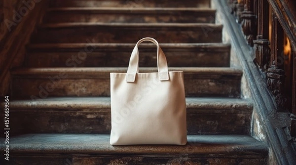 Fototapeta minimalist tote bag against a backdrop of aged stone steps presenting an aesthetic contrast between modern simplicity and classic architectural detail showcasing urban lifestyle