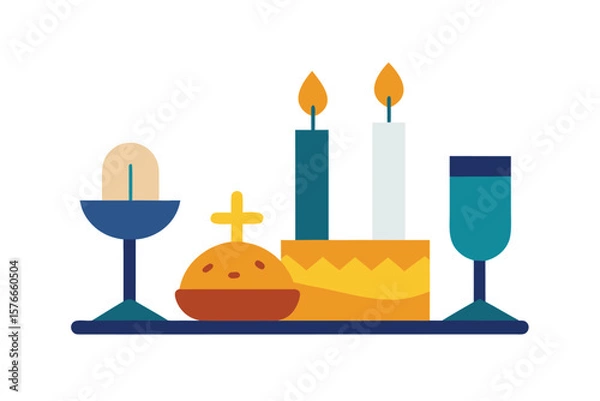 Obraz Decorative Flat Shabbat Set Bread Wine Candles On Table