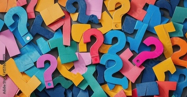 Fototapeta A chaotic pile of colorful question marks overlapping each other expressing confusion and curiosity