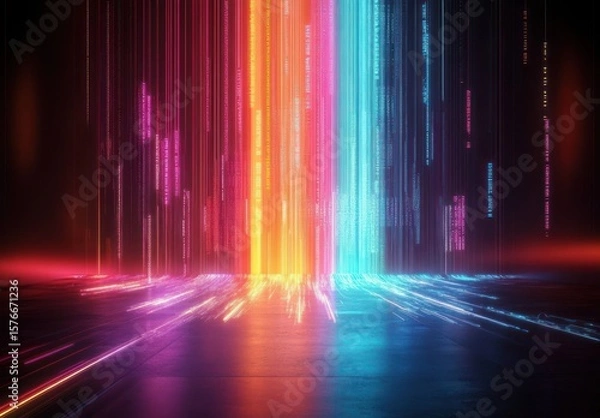 Fototapeta Vivid vertical beams of neon light in various colors including red, orange, pink, and blue reflect on a dark glossy surface, creating a futuristic and dynamic atmosphere