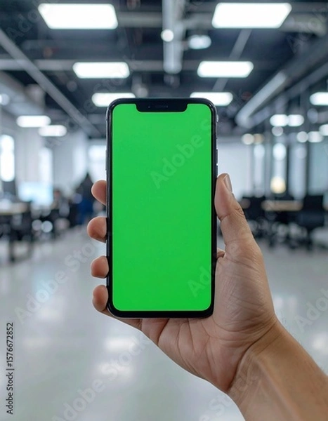 Obraz Hand holding a smartphone with a bright green screen in an office setting.