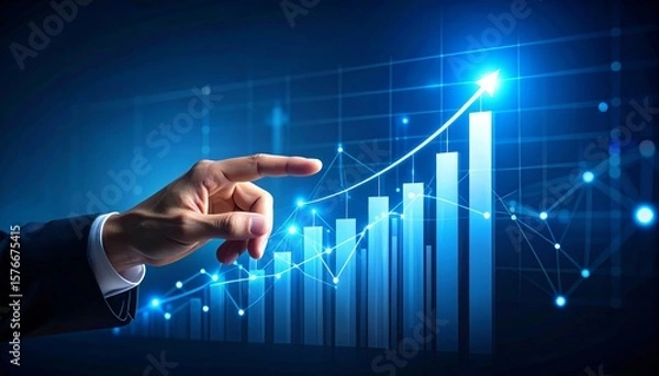 Fototapeta Businessman hand pointing finger to growth success finance business chart of metaverse technology financial graph investment diagram on analysis stock market background with digital economy exchange.