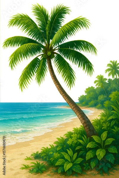 Fototapeta A tranquil tropical island paradise where palm trees sway over the sandy beach and the clear turquoise sea