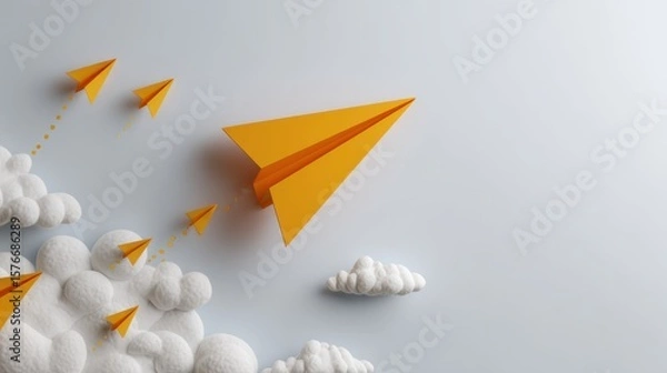 Fototapeta Paper planes, clouds, light background
