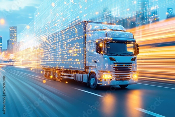 Fototapeta Modern logistics truck moves swiftly along city road, illuminated by digital effects representing smart logistics network powered by IoT technology. scene conveys speed and innovation