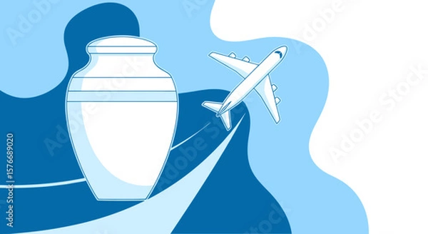 Fototapeta Cremation urn with airplane flying above blue  2d vector abstract design