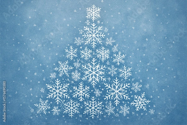 Fototapeta A christmas tree formed by snowflakes on a light blue background with falling snow all around the tree