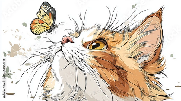 Fototapeta Watercolor Illustration of Fluffy Cat Watching a Butterfly