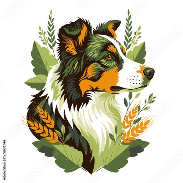 Fototapeta Stylized Australian Shepherd dog portrait surrounded by foliage. This cheerful canine portrait features vibrant green leaves and wheat, creating a rustic farm life scene.