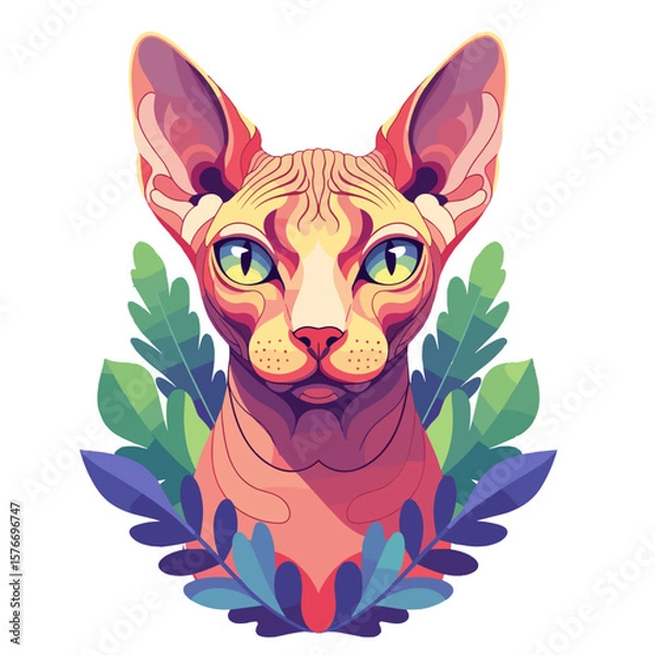 Fototapeta Stylized Sphynx cat illustration with colorful foliage background. Sphynx cat portrait in vibrant colors surrounded by green leaves.