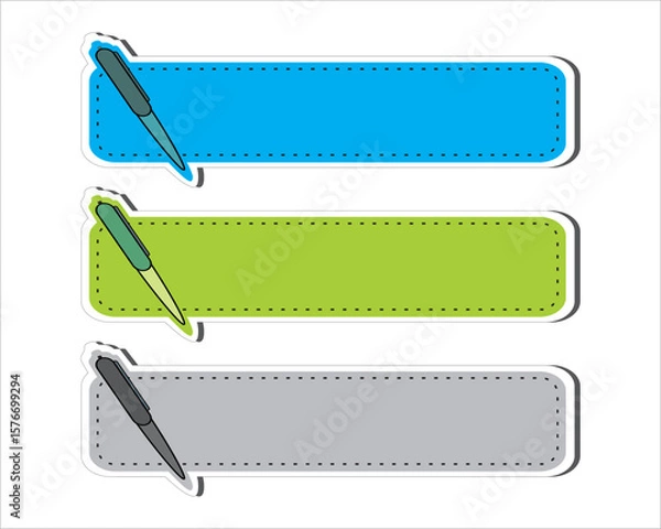 Fototapeta Set of Colorful Text Labels with Fountain Pen Illustrations in Blue, Green, and Gray Shades