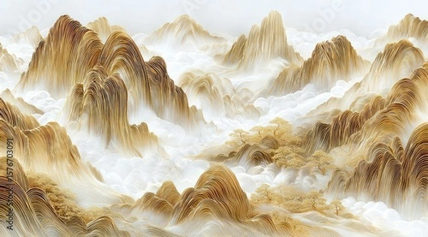 Fototapeta A serene landscape painting depicts rolling, golden-brown mountains partially obscured by a soft, white mist, creating a dreamlike atmosphere.  The style is reminiscent of traditional East Asian art