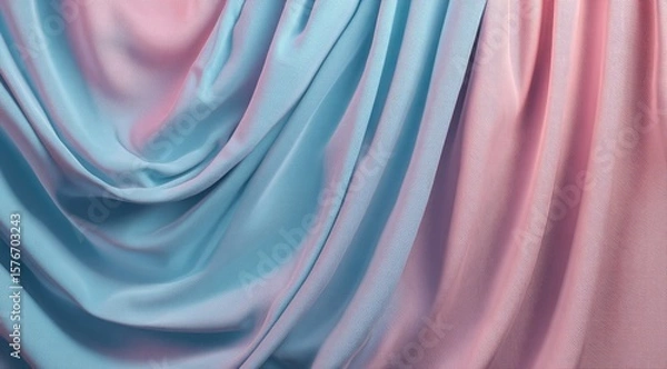 Fototapeta Draped fabric in pastel blue and pink hues, exhibiting soft folds and subtle lighting variations. The image showcases the texture and flow of the material