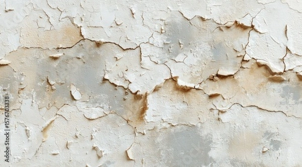 Fototapeta Close-up view of a weathered, off-white wall surface with extensive cracking and peeling paint, revealing patches of underlying material in varying shades of beige and gray
