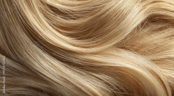 Fototapeta Close-up of flowing, light blonde hair, exhibiting a smooth, silky texture and subtle waves.  The strands create a visually appealing, organic pattern