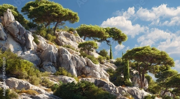 Fototapeta Sunlit rocky hillside with lush green pine trees and shrubs under a vibrant blue sky with fluffy white clouds