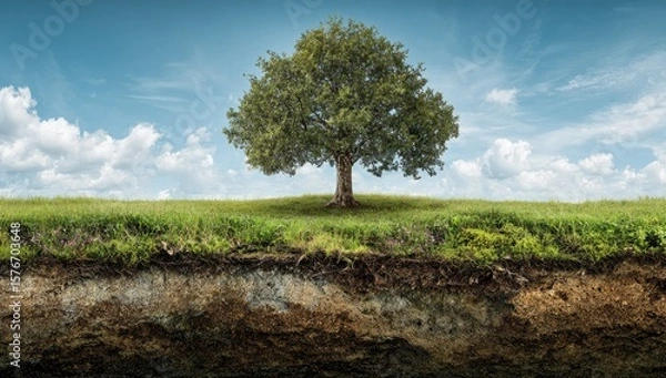 Fototapeta A solitary tree stands on a grassy knoll against a partly cloudy sky.  A cutaway view reveals the layered soil beneath