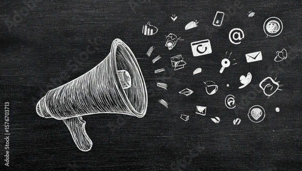 Fototapeta Chalkboard sketch of a megaphone emitting various communication icons, symbolizing the spread of information via diverse digital channels