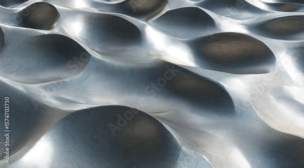 Fototapeta Undulating metallic surface with a smooth, reflective texture, showing a pattern of rounded hills and valleys under even lighting