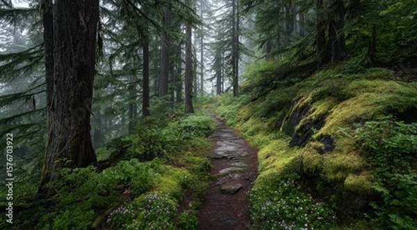Fototapeta A misty forest trail winds through lush greenery, moss-covered rocks, and tall evergreen trees, creating a serene and mysterious atmosphere