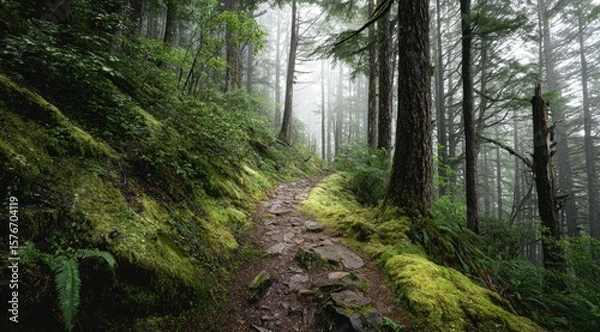 Fototapeta A misty forest trail winds through lush green moss-covered hillsides, tall trees lining the path, creating a serene and mysterious atmosphere