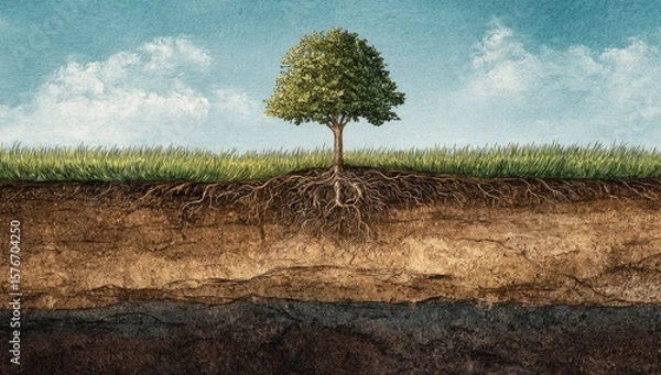 Fototapeta A solitary tree stands in a grassy field, its extensive root system revealed in a cutaway view showcasing diverse soil layers beneath