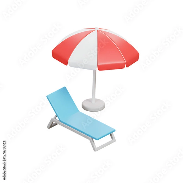 Fototapeta Isometric red and white umbrella with lounger