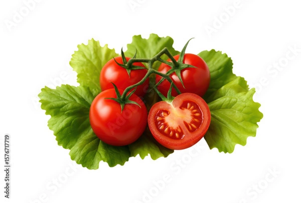 Obraz Fresh Red Tomatoes on Vine with Sliced Tomato and Crisp Green Lettuce Leaves for Salad or Cooking, Isolated on Transparent and White Background