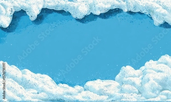 Fototapeta A vibrant blue background is framed by a textured, white, foam-like border, creating a clean, simple, and visually appealing design