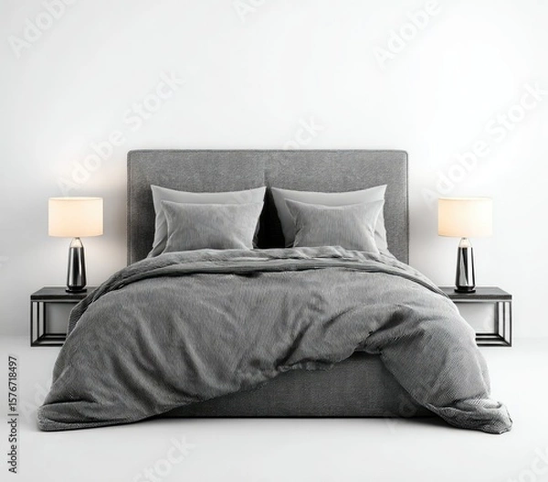 Fototapeta A minimalist bedroom scene features a gray upholstered bed with matching bedding, flanked by simple bedside tables and lamps against a white wall