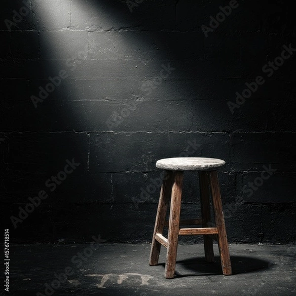 Fototapeta A spotlight illuminates a simple wooden stool positioned against a dark cinder block wall. The scene is moody and minimalist