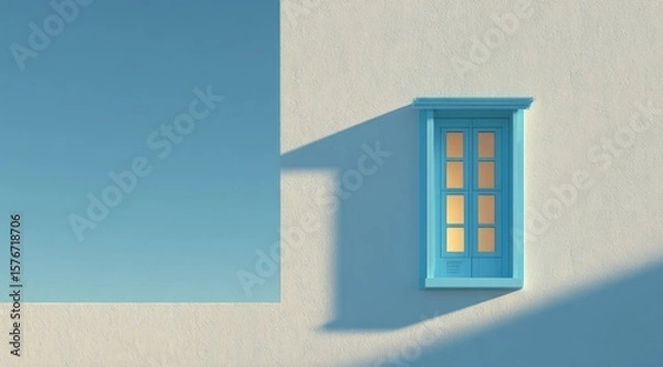 Fototapeta Minimalist rendering of a light blue window on a white wall, with a portion of a clear blue sky visible, casting shadows
