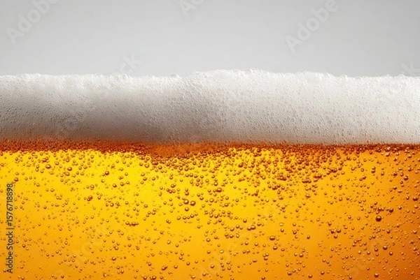 Fototapeta Close-up of a golden, bubbly beverage with a thick head of white foam