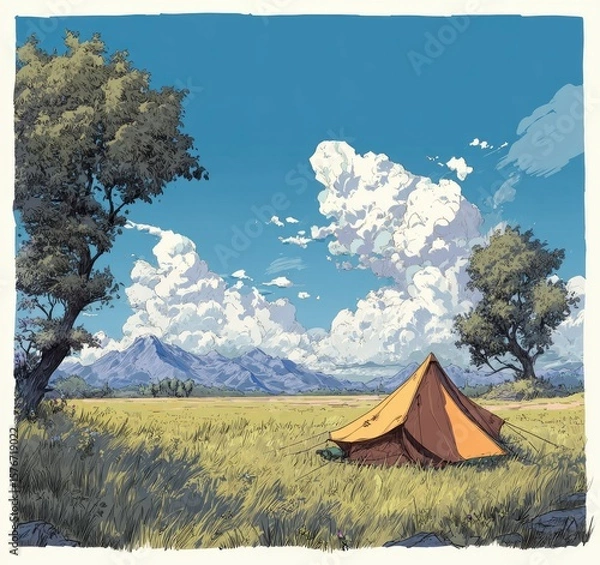 Fototapeta Idyllic summer landscape featuring a lone tent pitched in a grassy field under a vibrant blue sky dotted with fluffy clouds, mountains visible in the distance