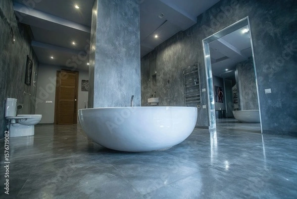 Fototapeta Modern bathroom with a freestanding oval bathtub, grey walls, and polished floor.  A toilet and door are visible in the background. Mirror reflects another view of the room