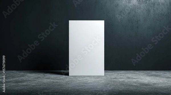 Fototapeta A stark, minimalist image of a blank white rectangular canvas standing upright on a dark, textured floor against a similarly dark wall.  The lighting emphasizes the canvas