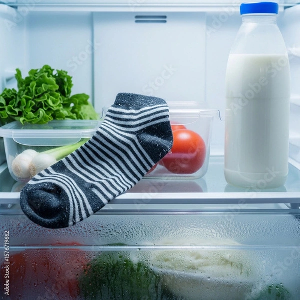 Fototapeta A striped sock is placed on a shelf inside a refrigerator, alongside food items like lettuce, tomato, and a bottle of milk.