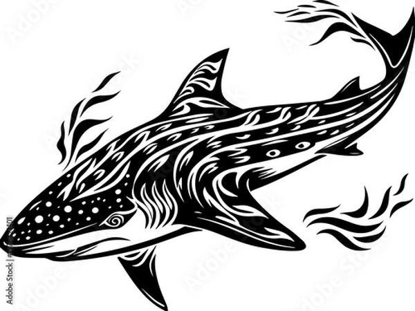 Fototapeta SVG illustrating marine life protection with ocean creatures and conservation themes. Black and White Artistic Shark Design with Intricate Patterns