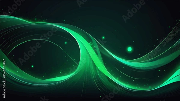 Fototapeta Abstract green light wave pattern with glowing stars for futuristic space design


