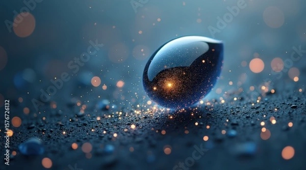 Fototapeta startup seed technology concept. A sparkling water droplet on a textured surface with soft bokeh lights.