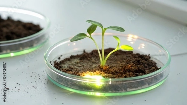 Obraz startup seed technology concept. Young plant growing in soil with subtle lighting in a petri dish.