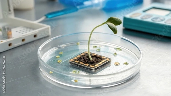 Obraz startup seed technology concept. A plant growing in a petri dish on a laboratory table.