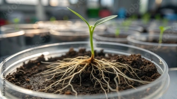 Obraz startup seed technology concept. Green seedling emerging from soil in a laboratory environment.