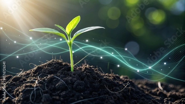 Obraz startup seed technology concept. Green seedling emerging from dark soil with light effects around it.