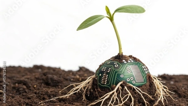 Obraz startup seed technology concept. A plant growing from a circuit board in soil.