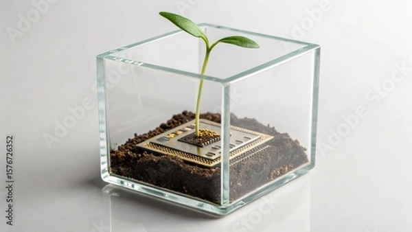 Obraz startup seed technology concept. Glass container with a small plant growing in soil.