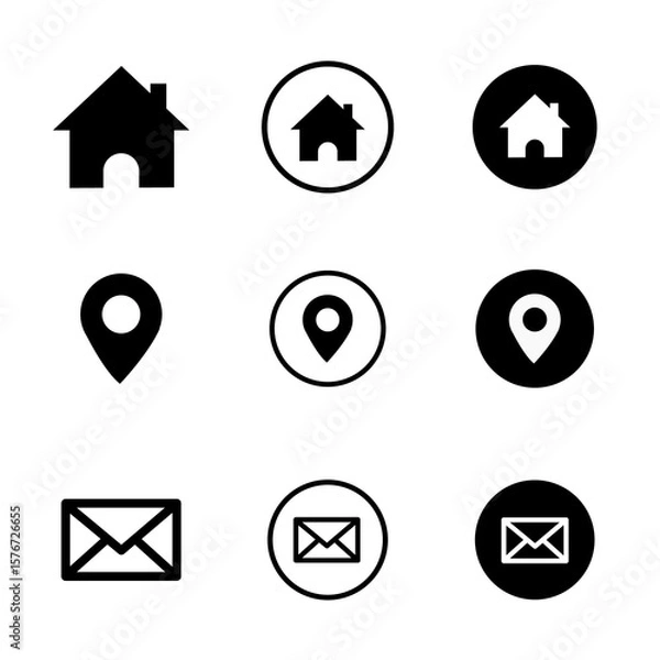 Fototapeta Minimalist Line Black and White Home Location and Email Icon Set